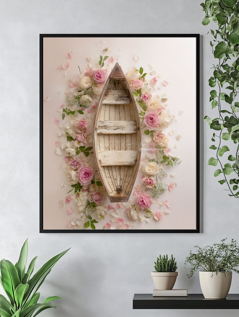 Wooden Boat with Flowers — Fine Art Print. — room view 4