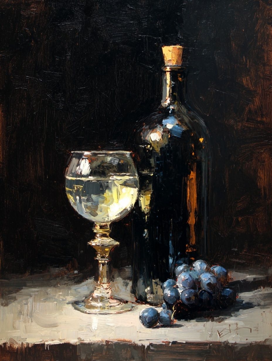 Wine Bottle and Glass — Still Life Print. poster — food-drink art