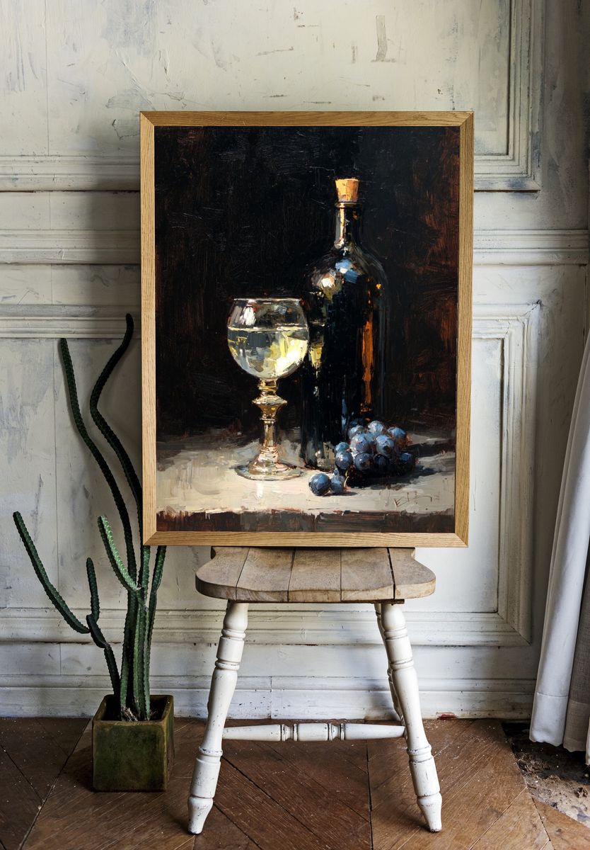 Wine Bottle and Glass — Still Life Print. — room view 1