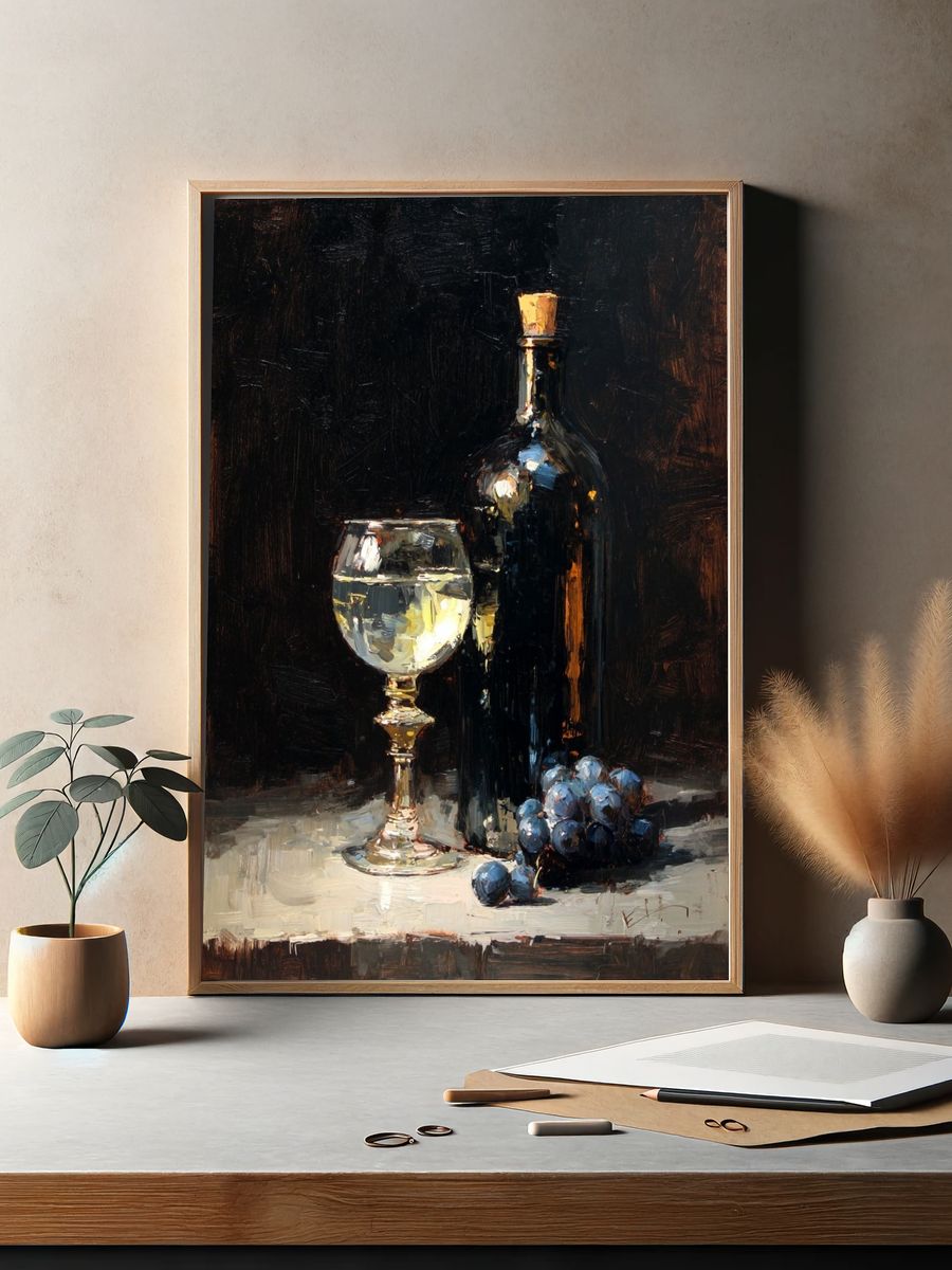 Wine Bottle and Glass — Still Life Print. — room view 2