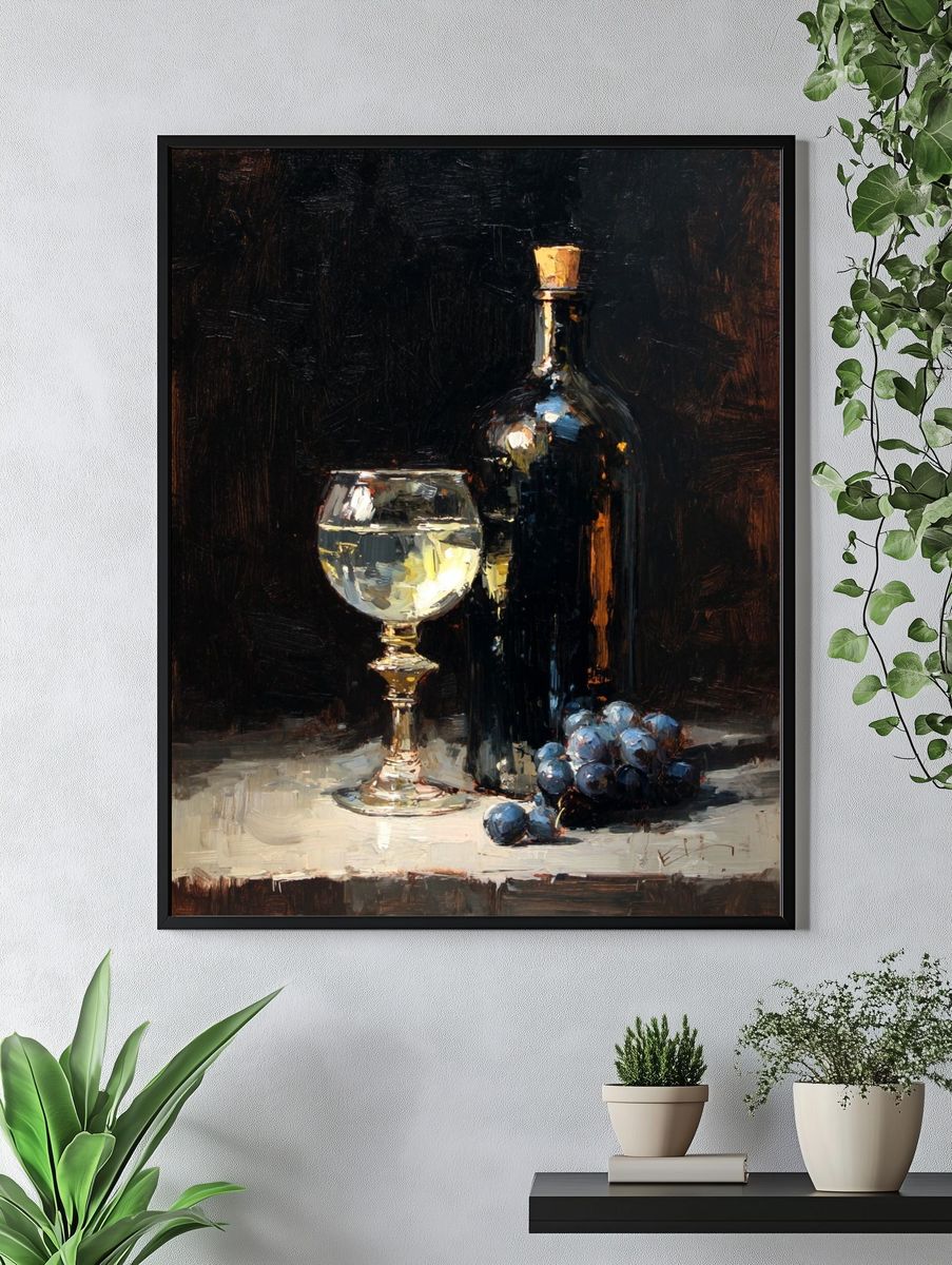 Wine Bottle and Glass — Still Life Print. — room view 4
