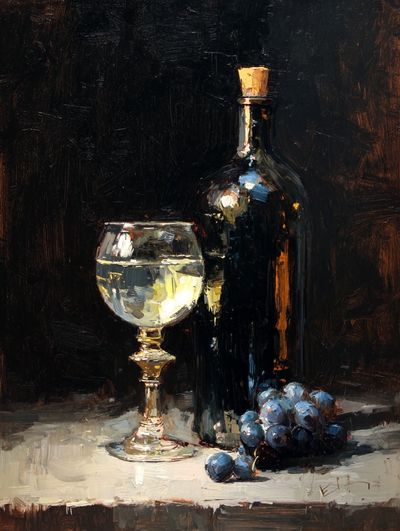 Wine Bottle and Glass — Still Life Print.