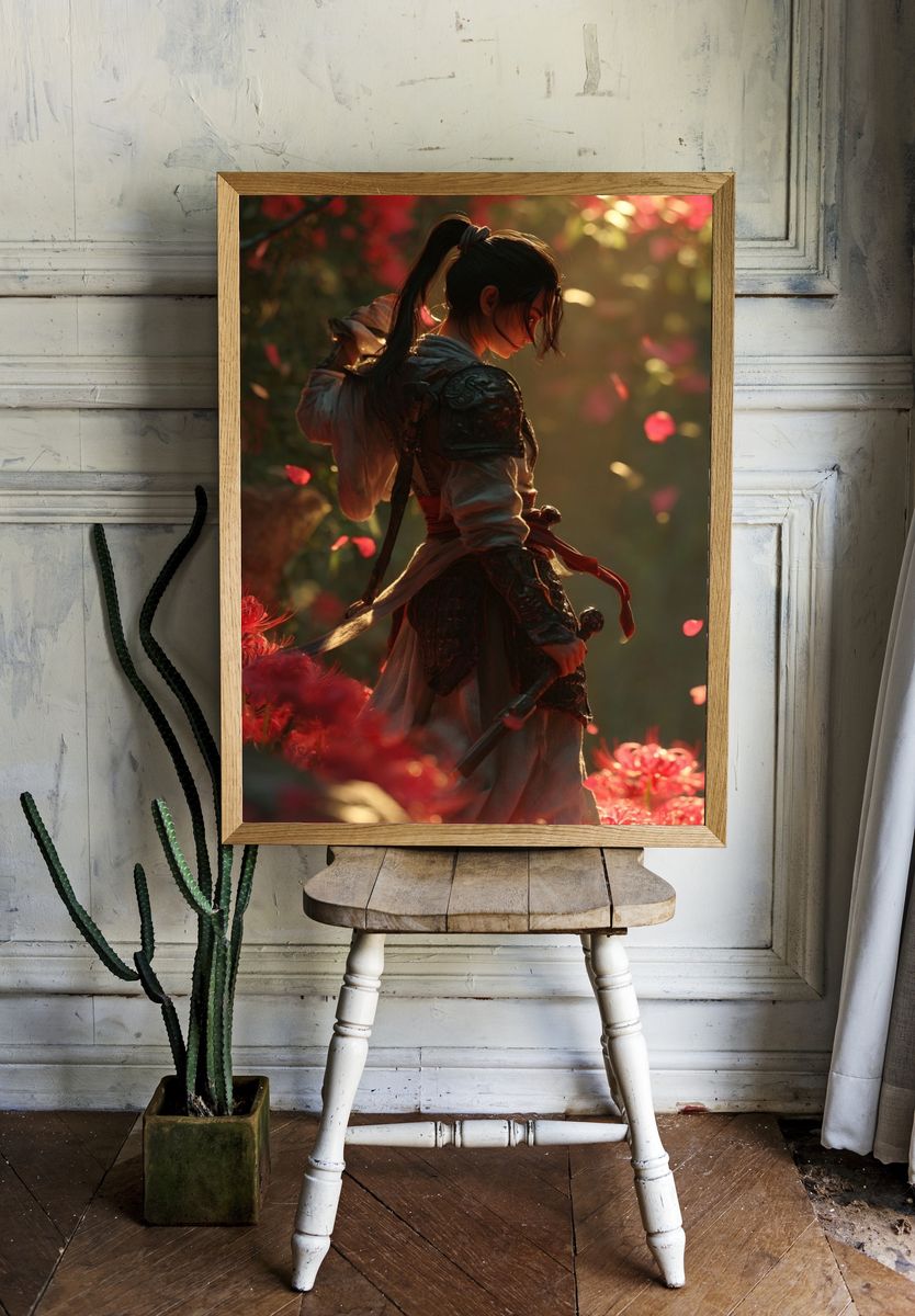Warrior in Blooming Garden — Digital Art Print. — room view 1