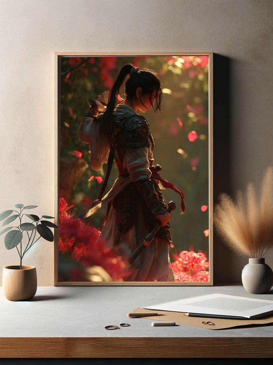 Warrior in Blooming Garden — Digital Art Print. — room view 2