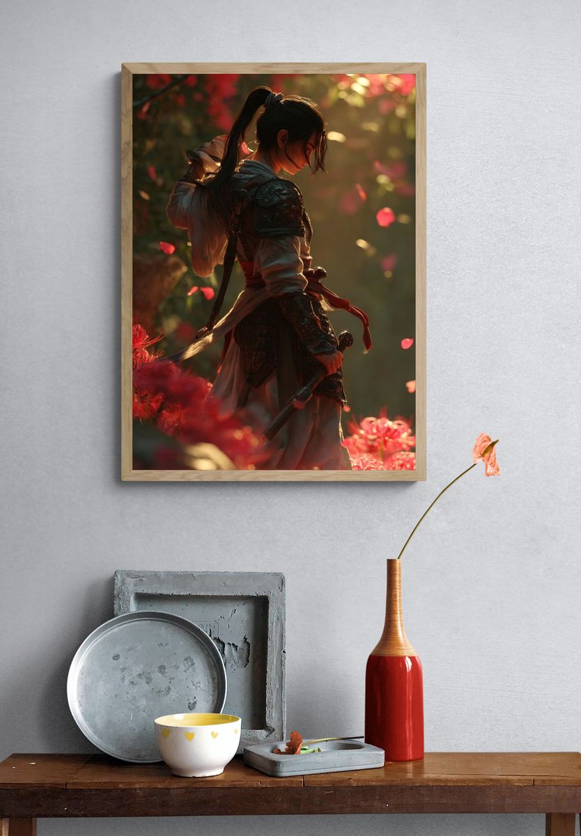 Warrior in Blooming Garden — Digital Art Print. — room view 3