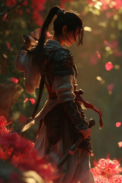 Warrior in Blooming Garden — Digital Art Print. poster print