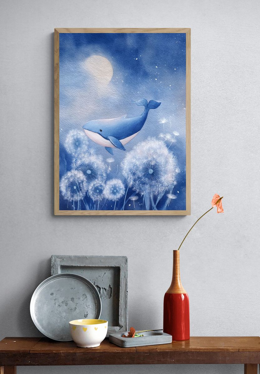 Whale in Blue Watercolor Poster. — room view 3