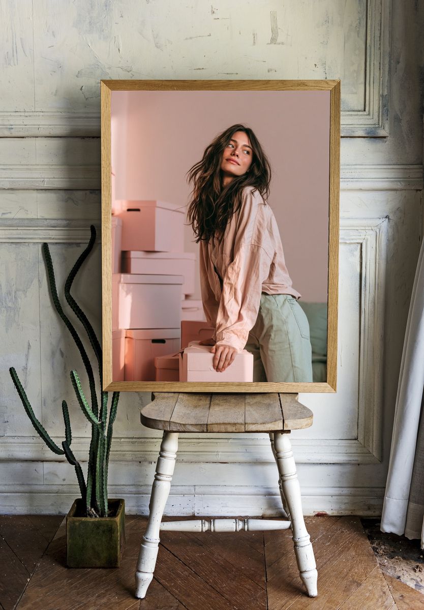 Woman Among Boxes Photography Poster. room preview
