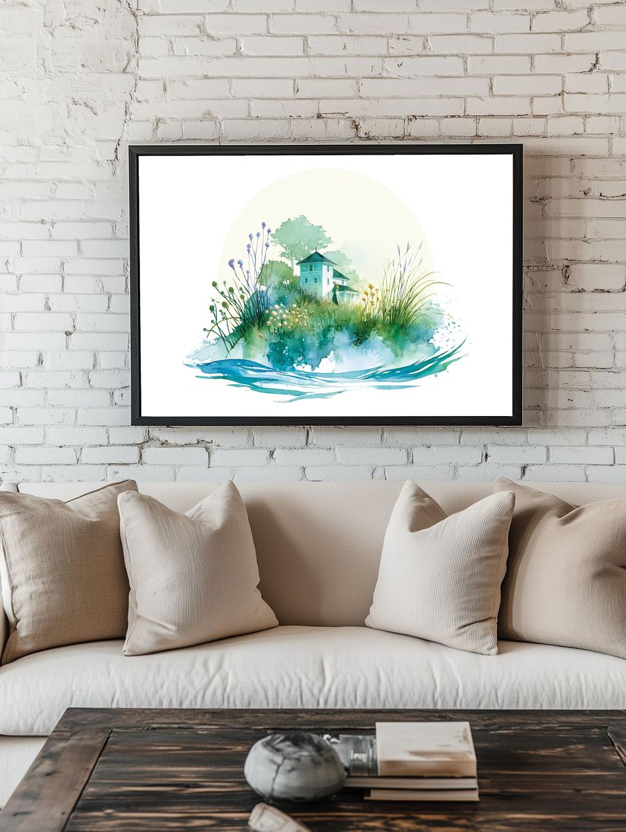 Watercolor Cottage Garden Print. — room view 1