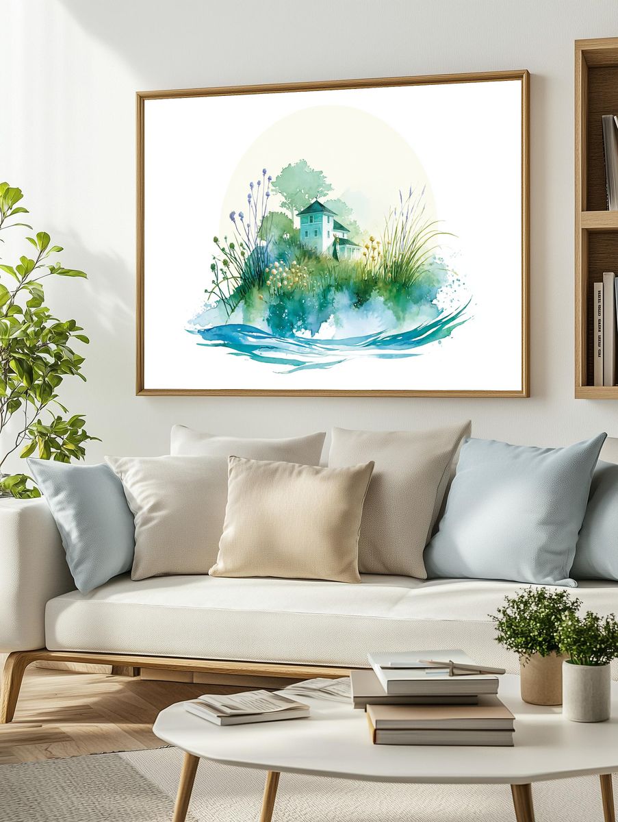 Watercolor Cottage Garden Print. — room view 2