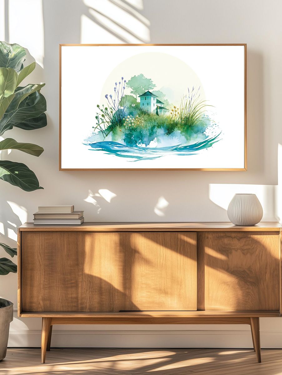Watercolor Cottage Garden Print. — room view 3