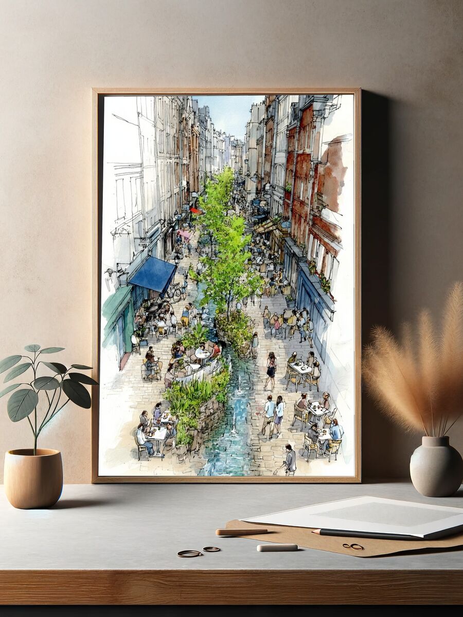 Charming Street Scene — Watercolor Print. — room view 2