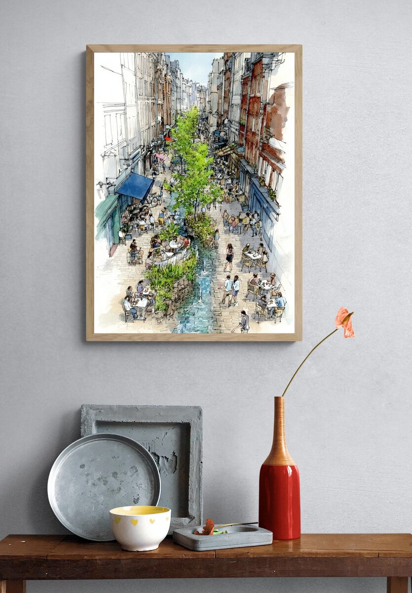 Charming Street Scene — Watercolor Print. — room view 3