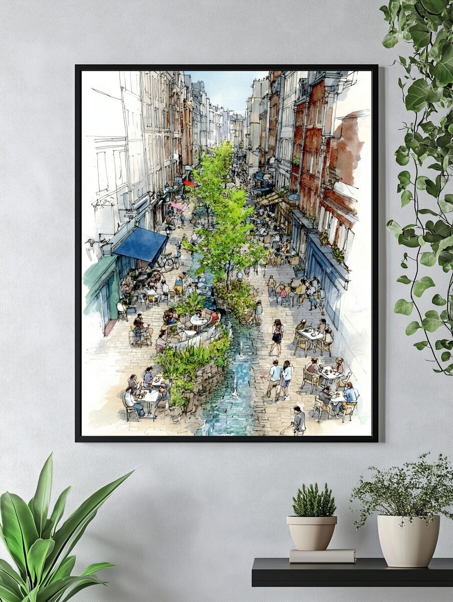 Charming Street Scene — Watercolor Print. — room view 4