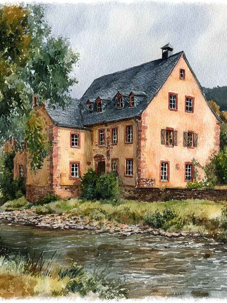 Charming Cottage by the River — Watercolor Print. poster detail