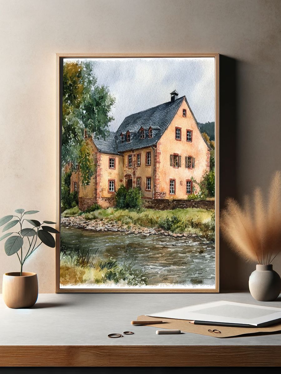 Charming Cottage by the River — Watercolor Print. — room view 2