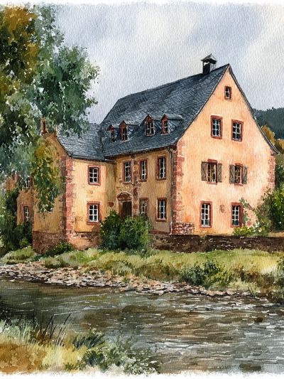 Charming Cottage by the River — Watercolor Print. poster