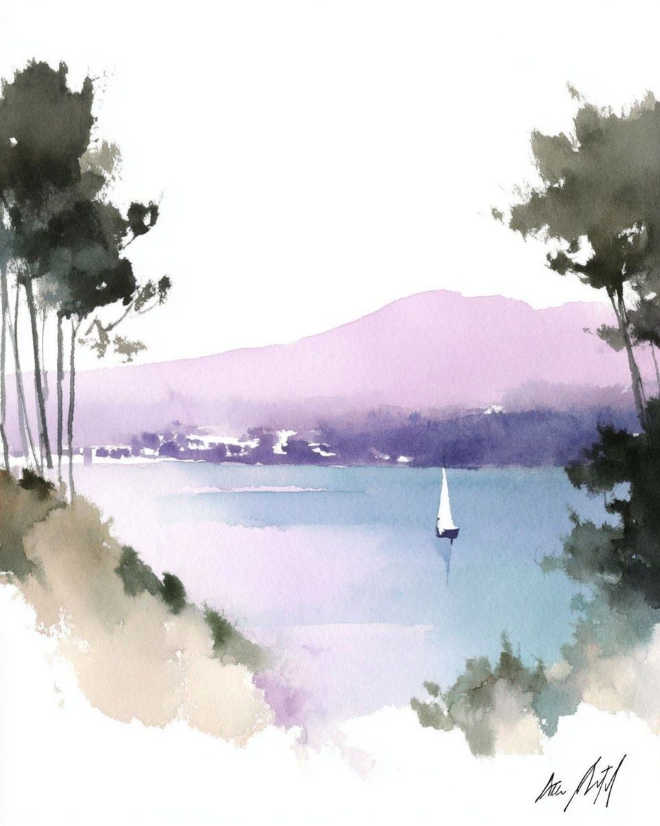Sailing on Tranquil Waters — Watercolor Print. poster detail