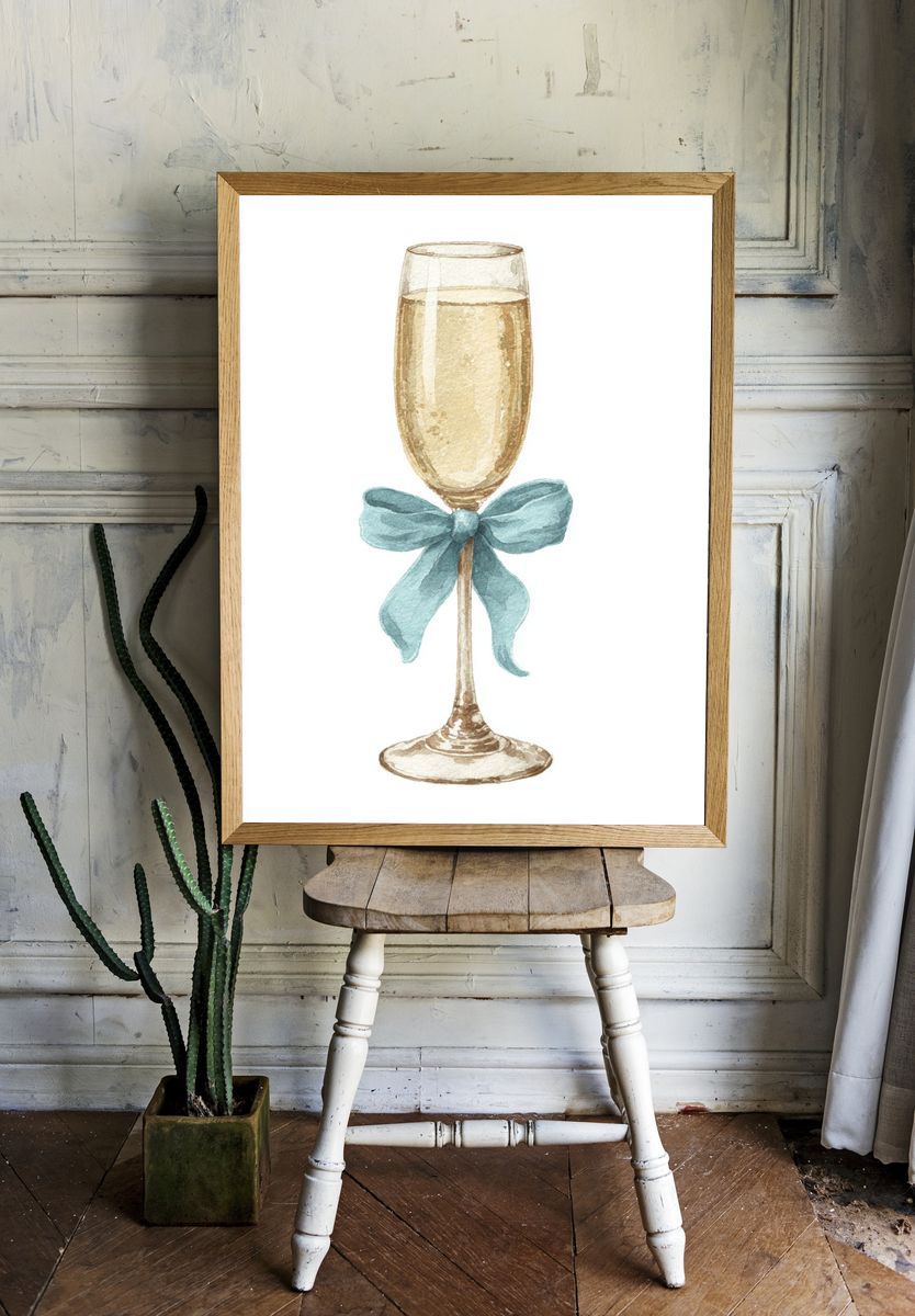 Champagne Glass with Ribbon — Watercolor Print. — room view 1