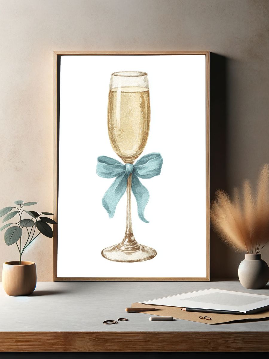 Champagne Glass with Ribbon — Watercolor Print. — room view 2