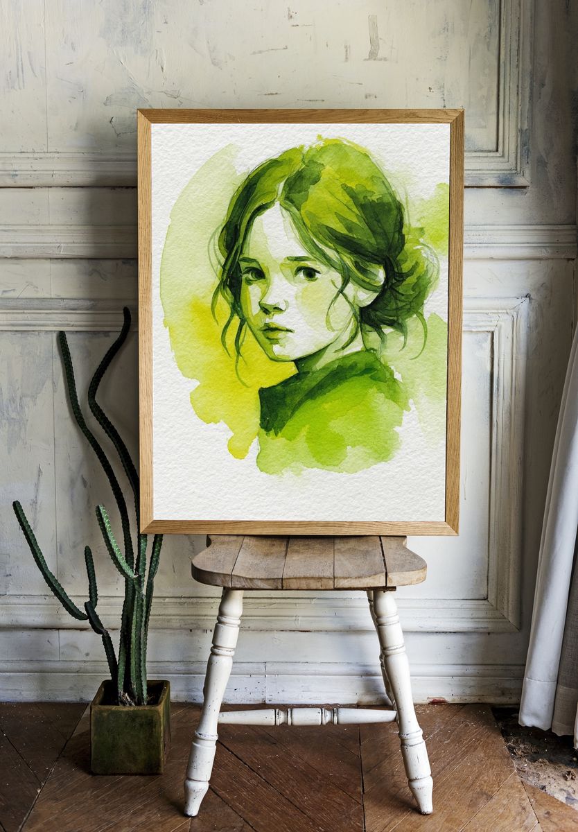 Green Watercolor Portrait Poster. — room view 1