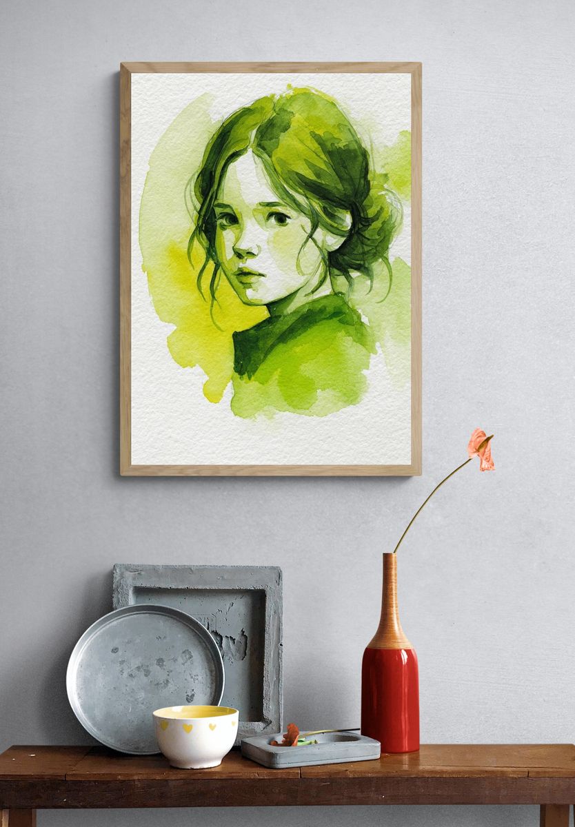 Green Watercolor Portrait Poster. — room view 3