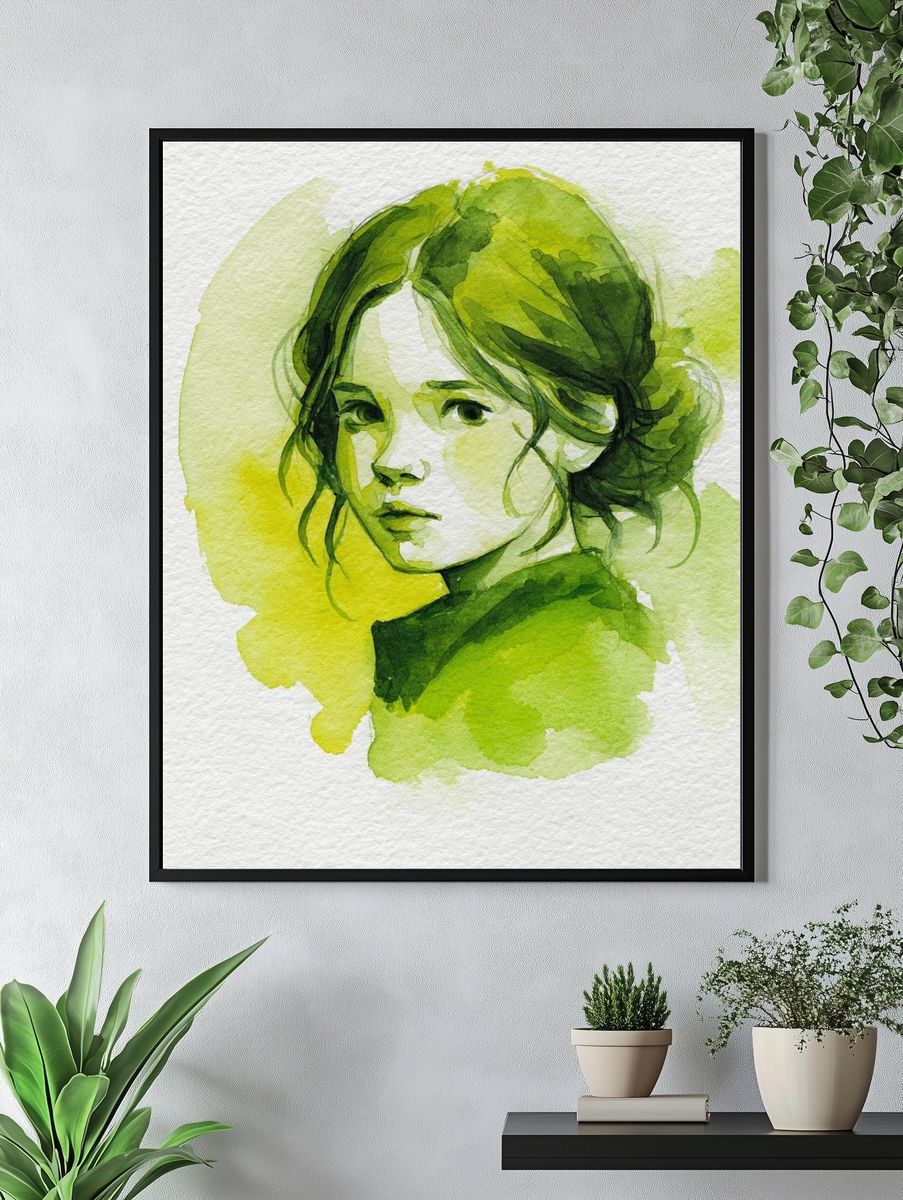 Green Watercolor Portrait Poster. — room view 4