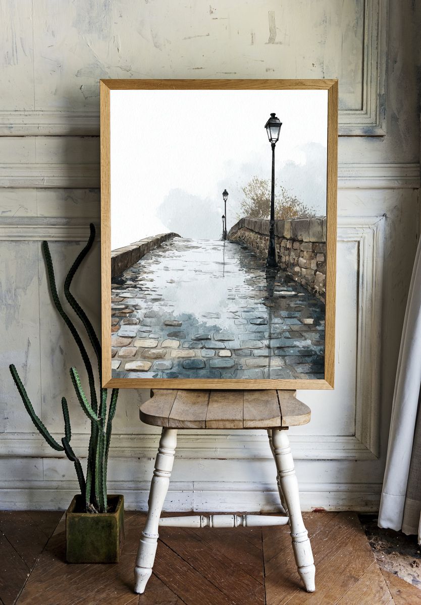 Cobblestone Pathway — Watercolor Print. — room view 1