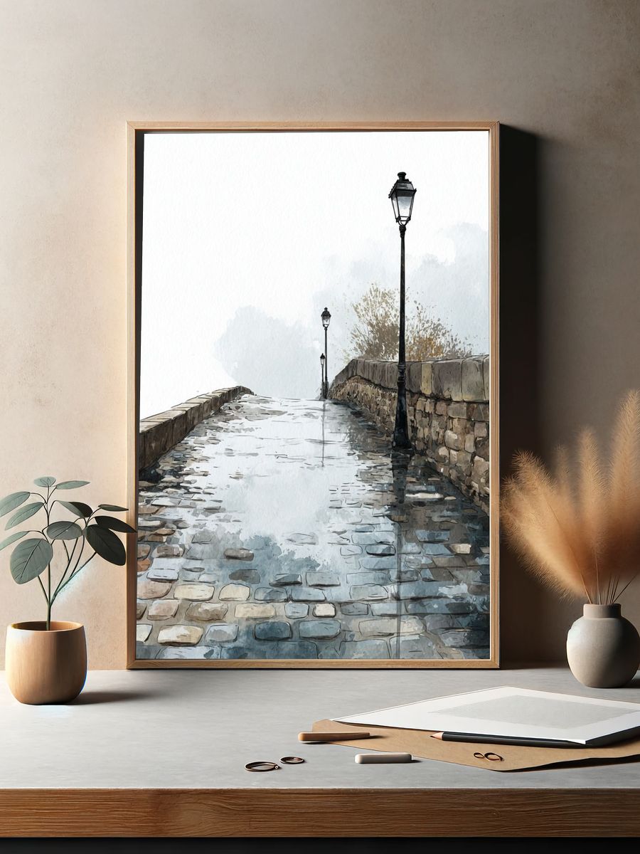 Cobblestone Pathway — Watercolor Print. — room view 2