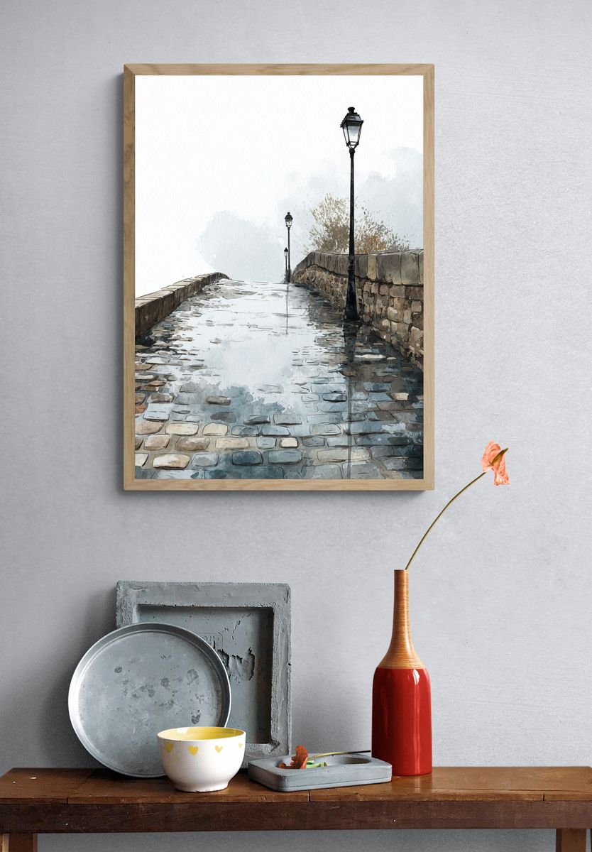 Cobblestone Pathway — Watercolor Print. — room view 3