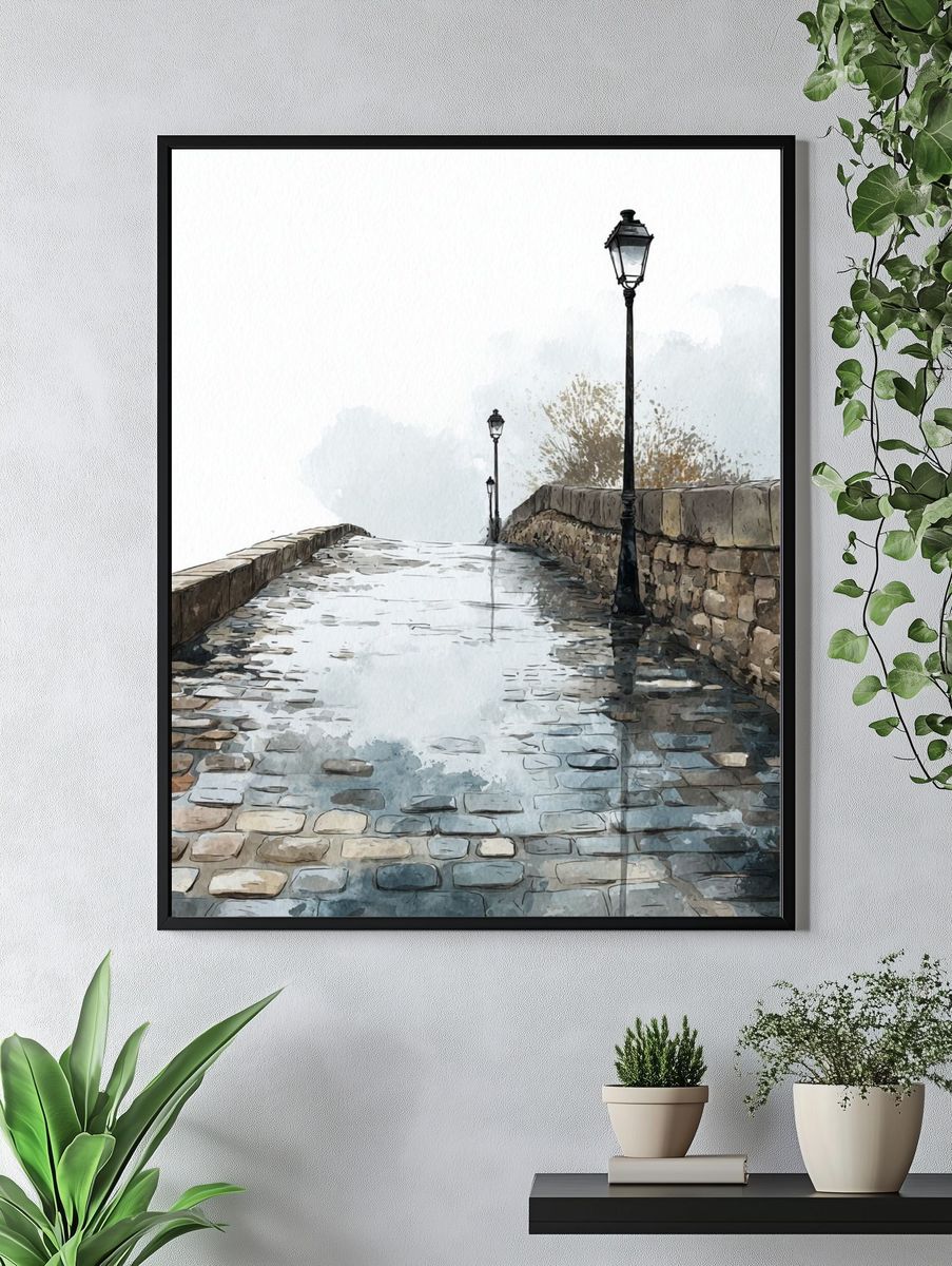 Cobblestone Pathway — Watercolor Print. — room view 4