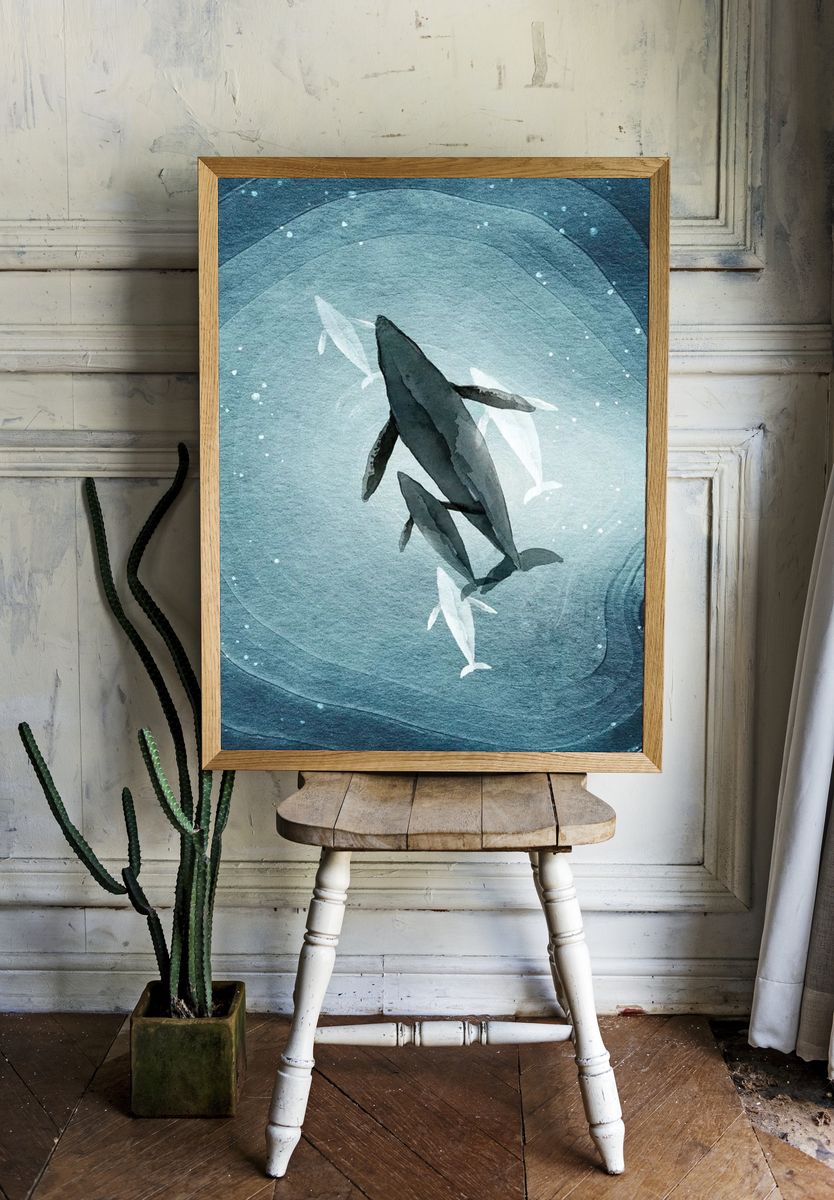 Whales in Deep Blue — Watercolor Print room preview