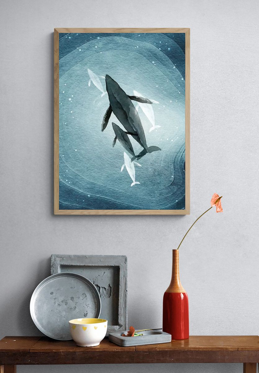 Whales in Deep Blue — Watercolor Print. — room view 3