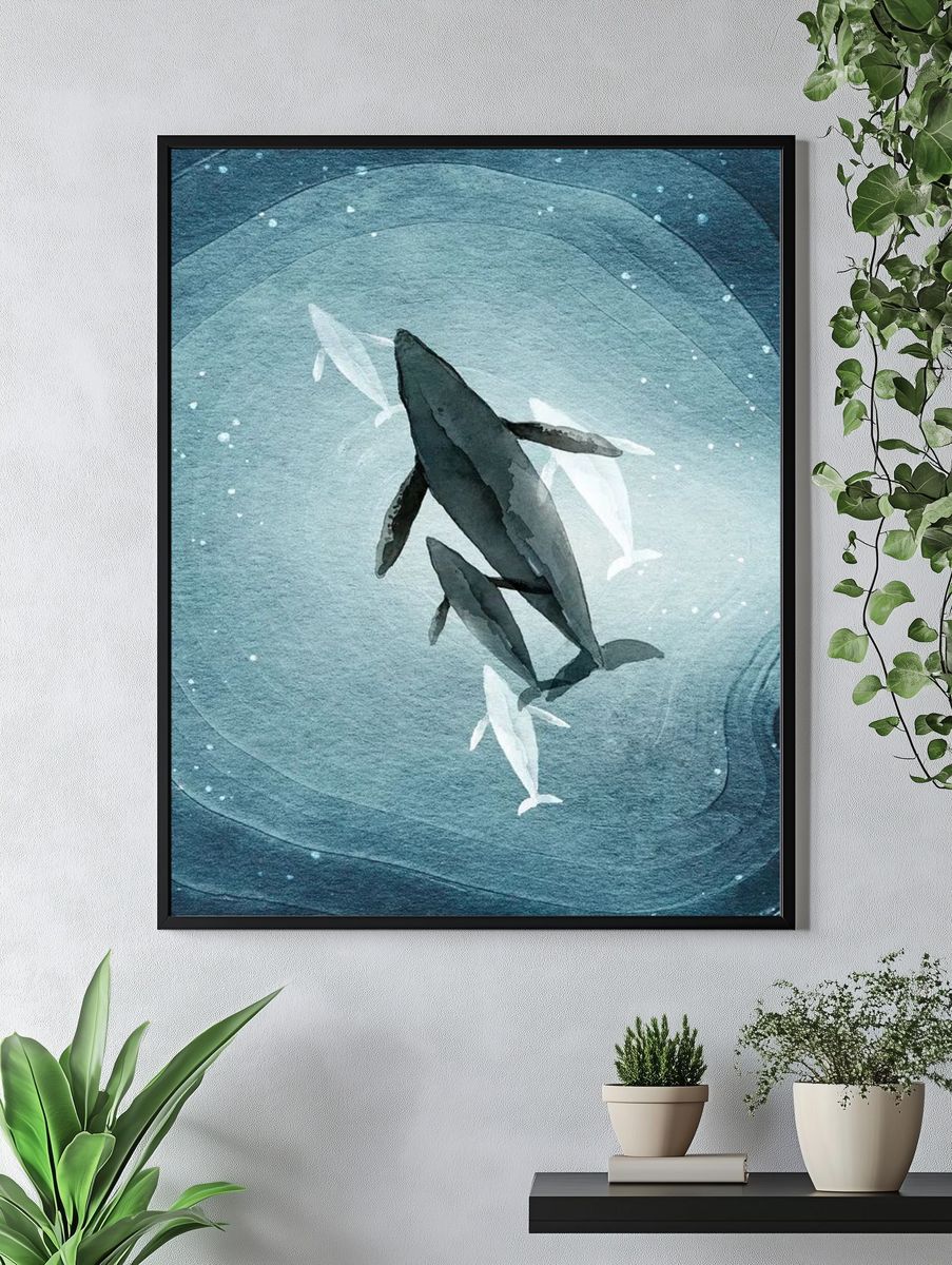 Whales in Deep Blue — Watercolor Print. — room view 4