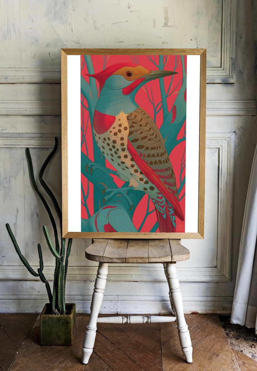 Colorful Woodpecker Illustration Poster. room preview