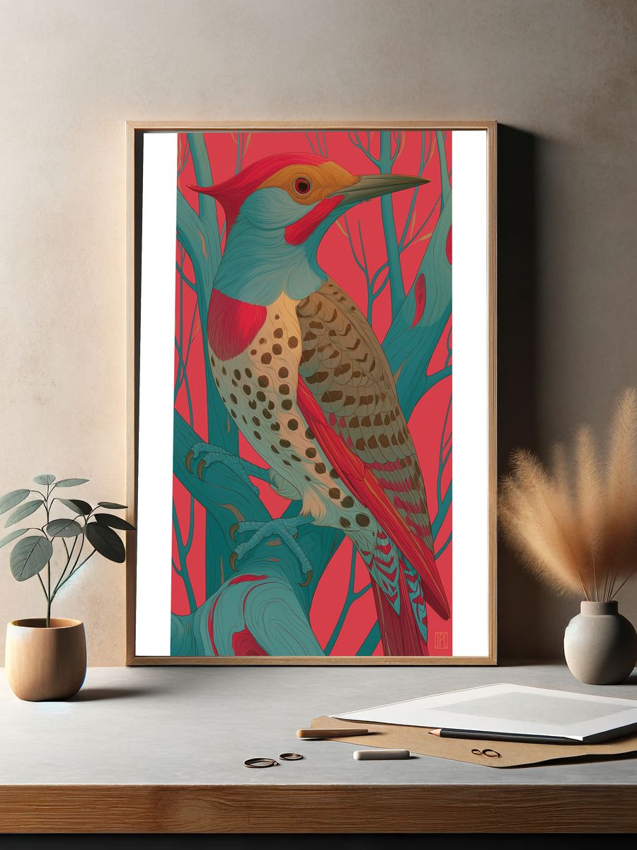 Colorful Woodpecker Illustration Poster. — room view 2