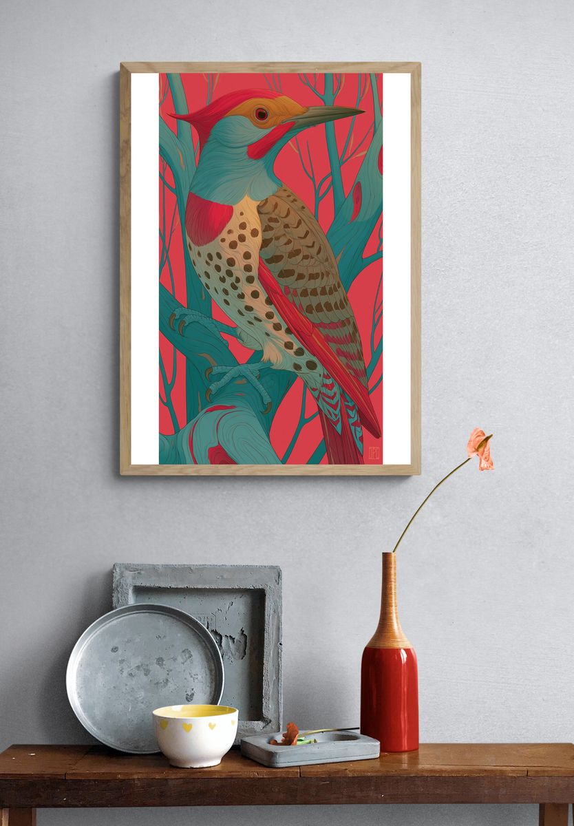 Colorful Woodpecker Illustration Poster. — room view 3