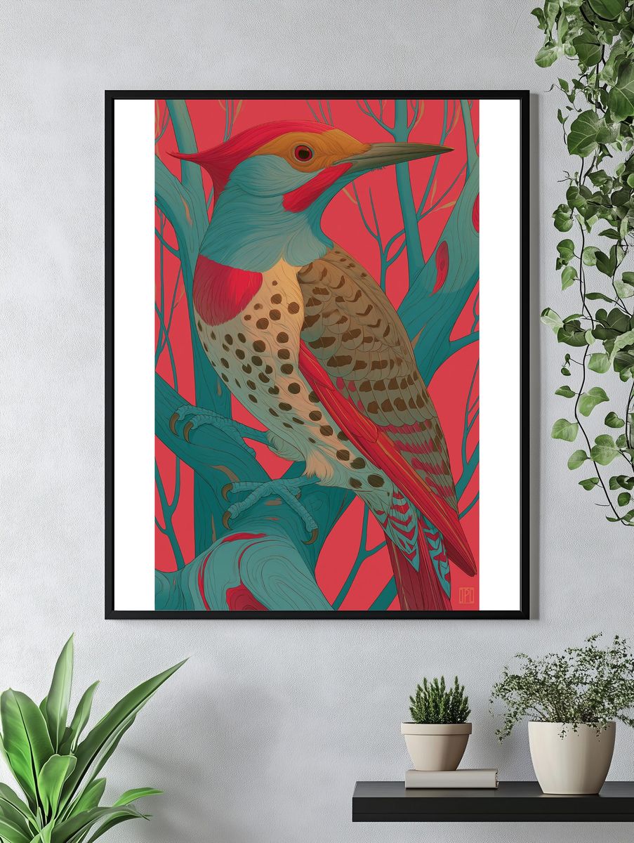 Colorful Woodpecker Illustration Poster. — room view 4