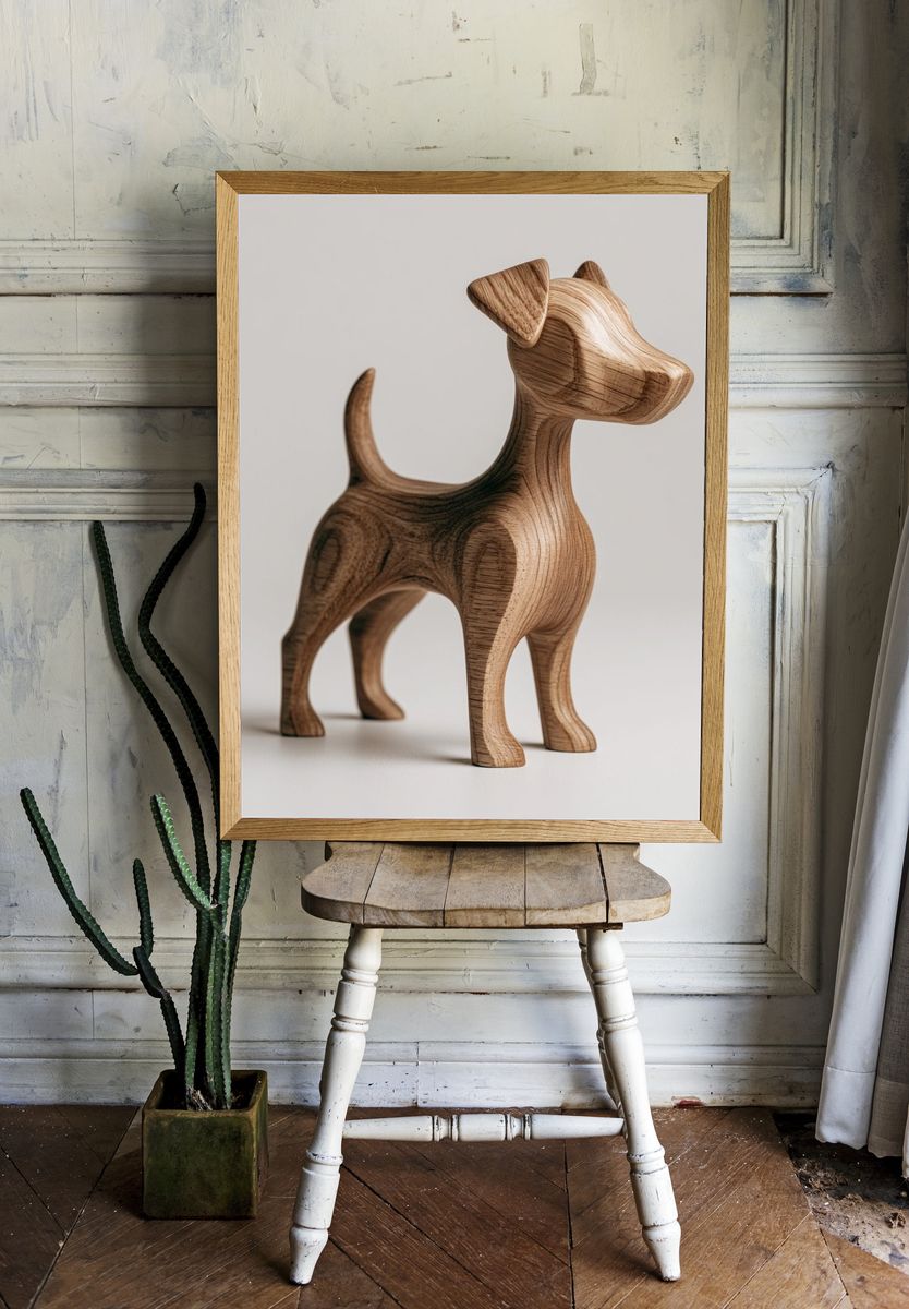Wooden Dog Sculpture Photography Poster. — room view 1