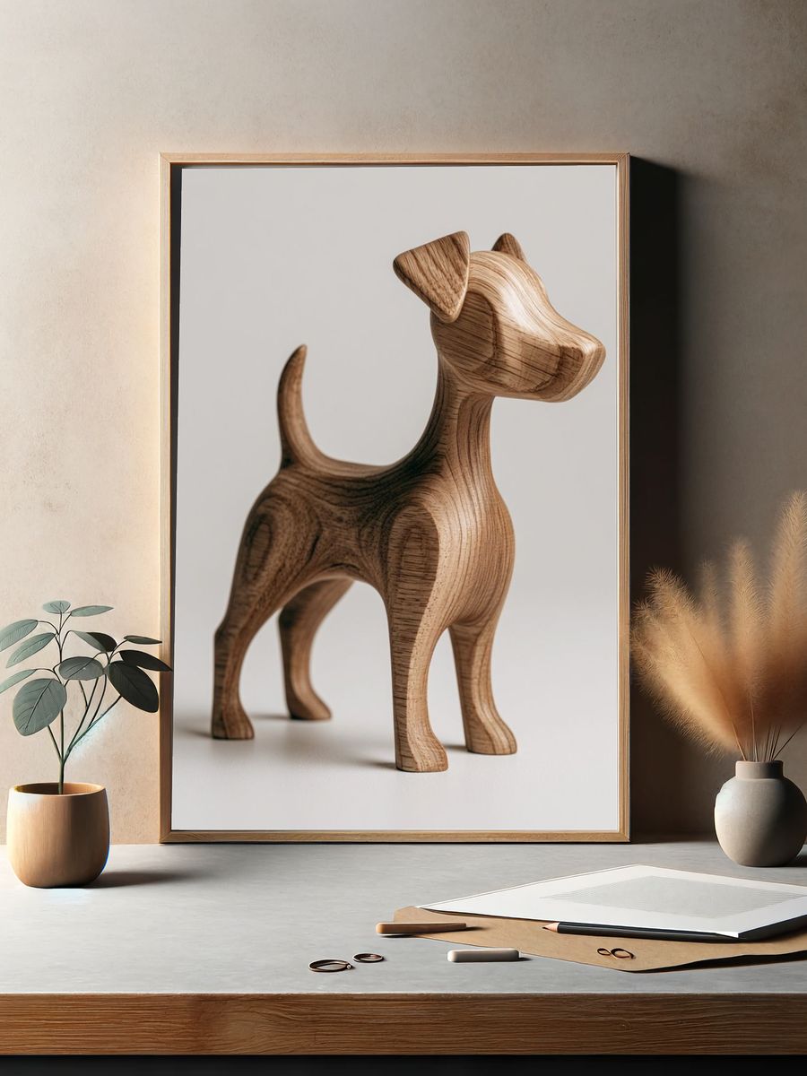 Wooden Dog Sculpture Photography Poster. — room view 2