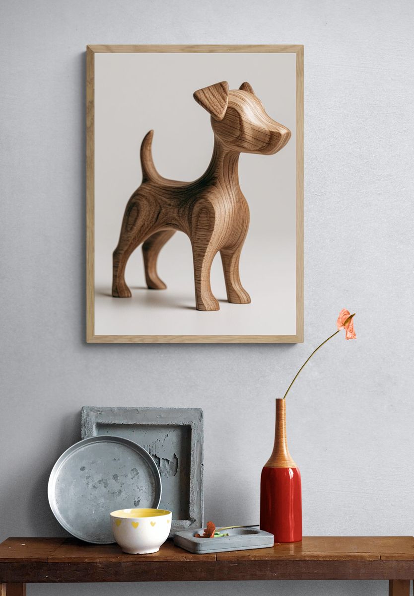 Wooden Dog Sculpture Photography Poster. — room view 3