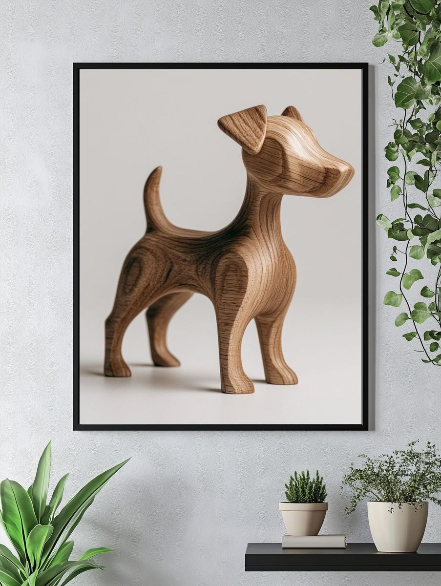 Wooden Dog Sculpture Photography Poster. — room view 4
