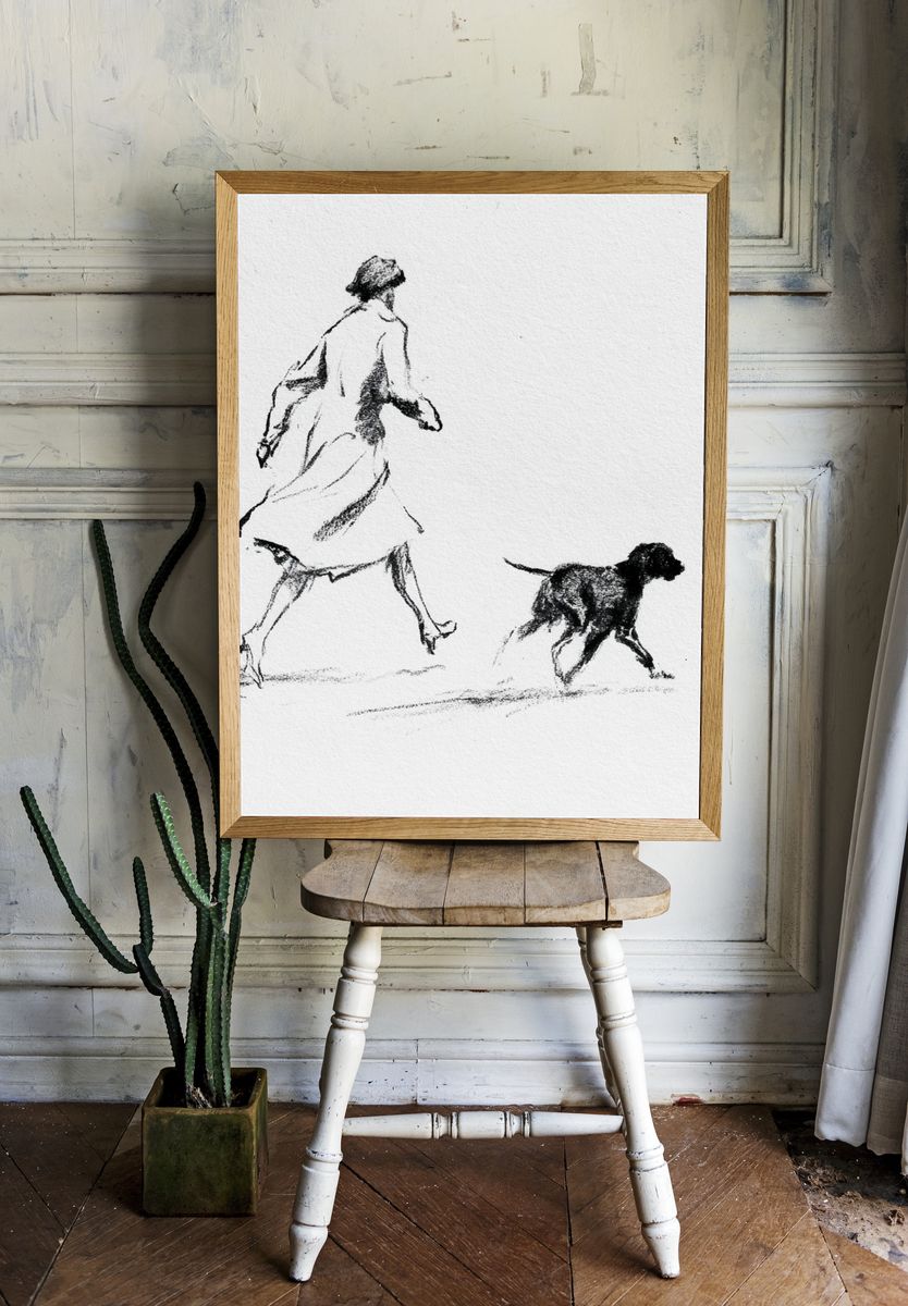 Woman and Dog Sketch Print. room preview