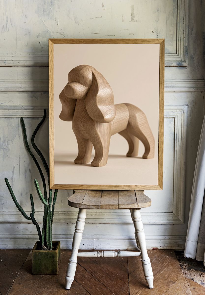 Wooden Dog Sculpture Print. room preview