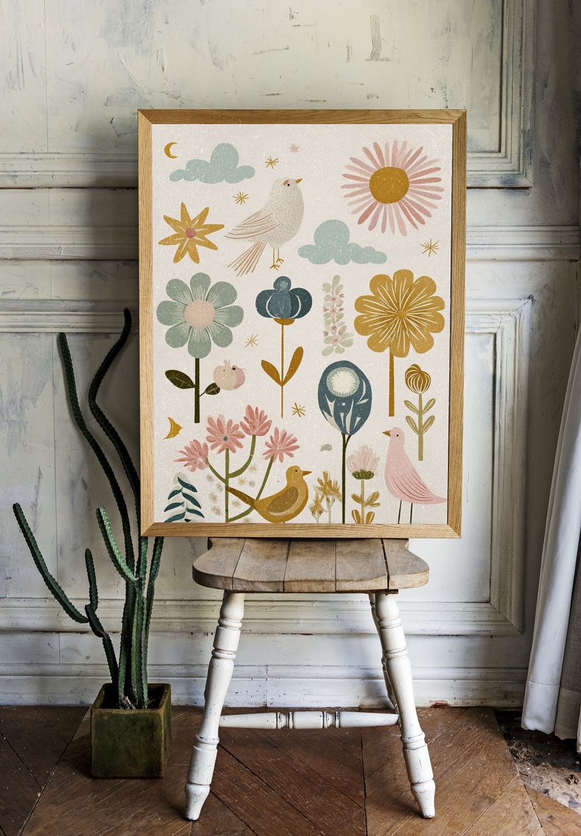 Whimsical Floral and Bird Illustration Poster. — room view 1