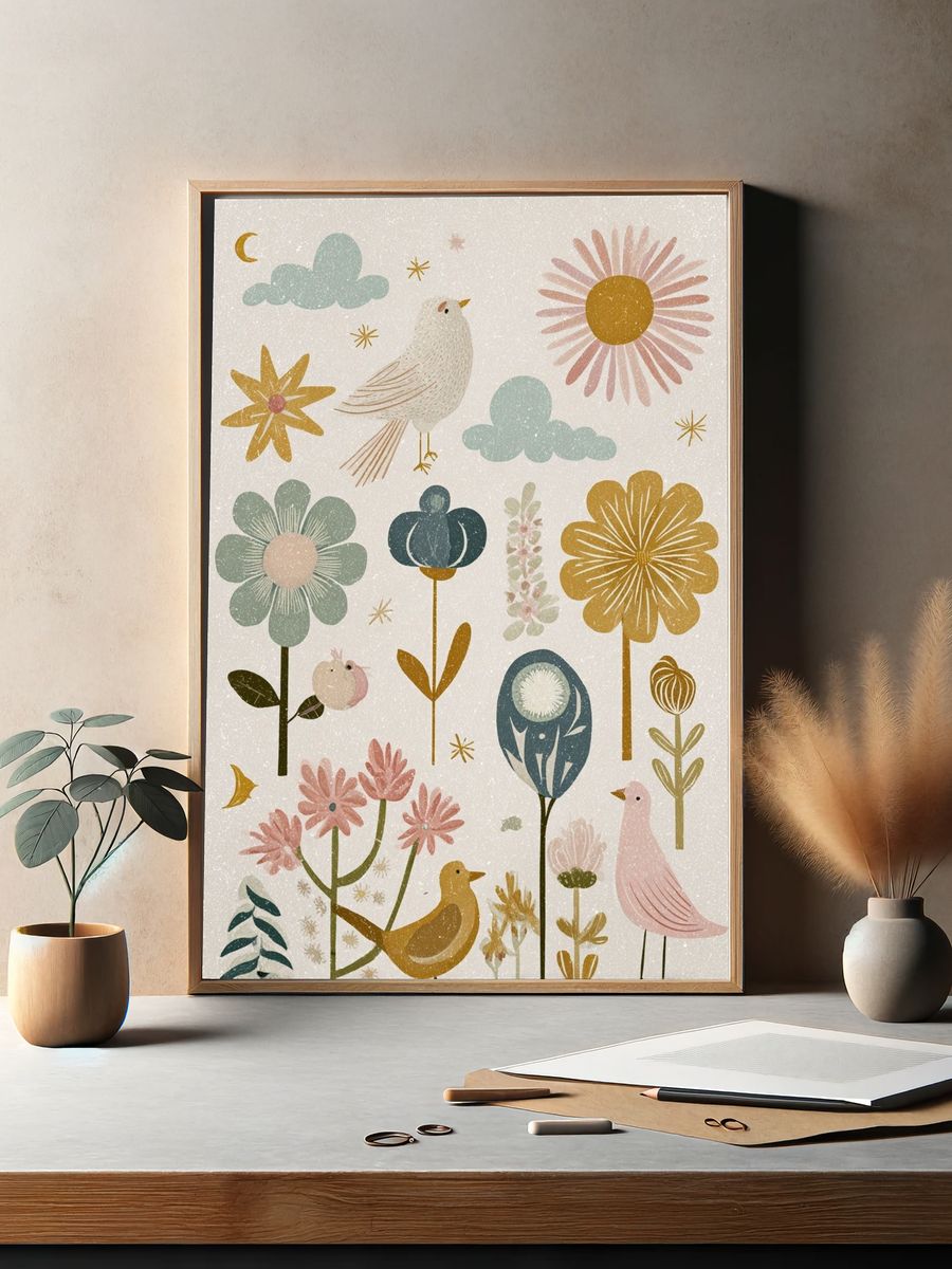 Whimsical Floral and Bird Illustration Poster. — room view 2
