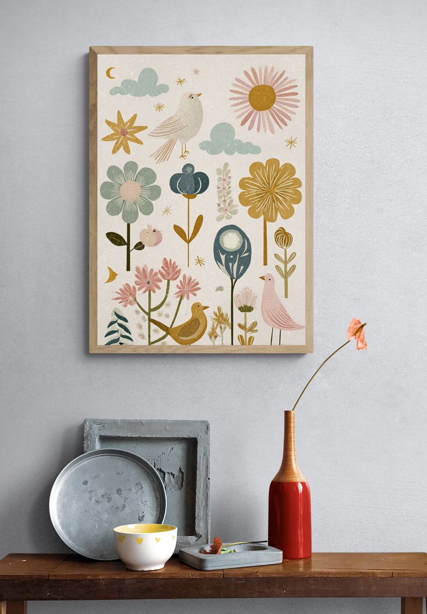 Whimsical Floral and Bird Illustration Poster. — room view 3