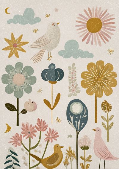 Whimsical Floral and Bird Illustration Poster. poster print