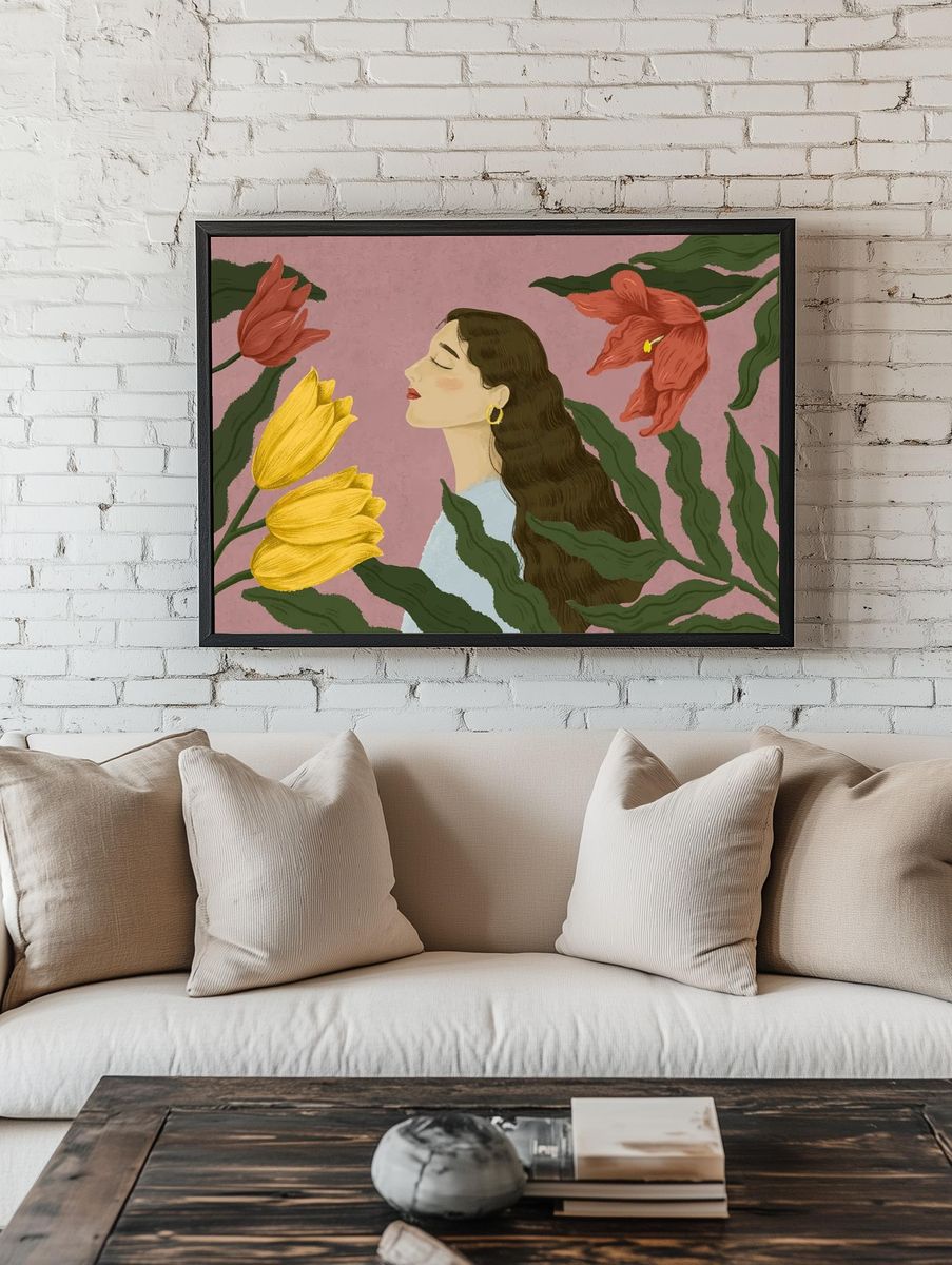 Woman with Flowers — Illustration Print. — room view 1