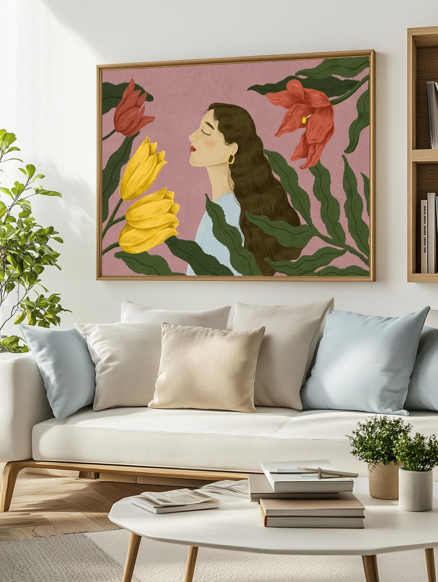 Woman with Flowers — Illustration Print. — room view 2
